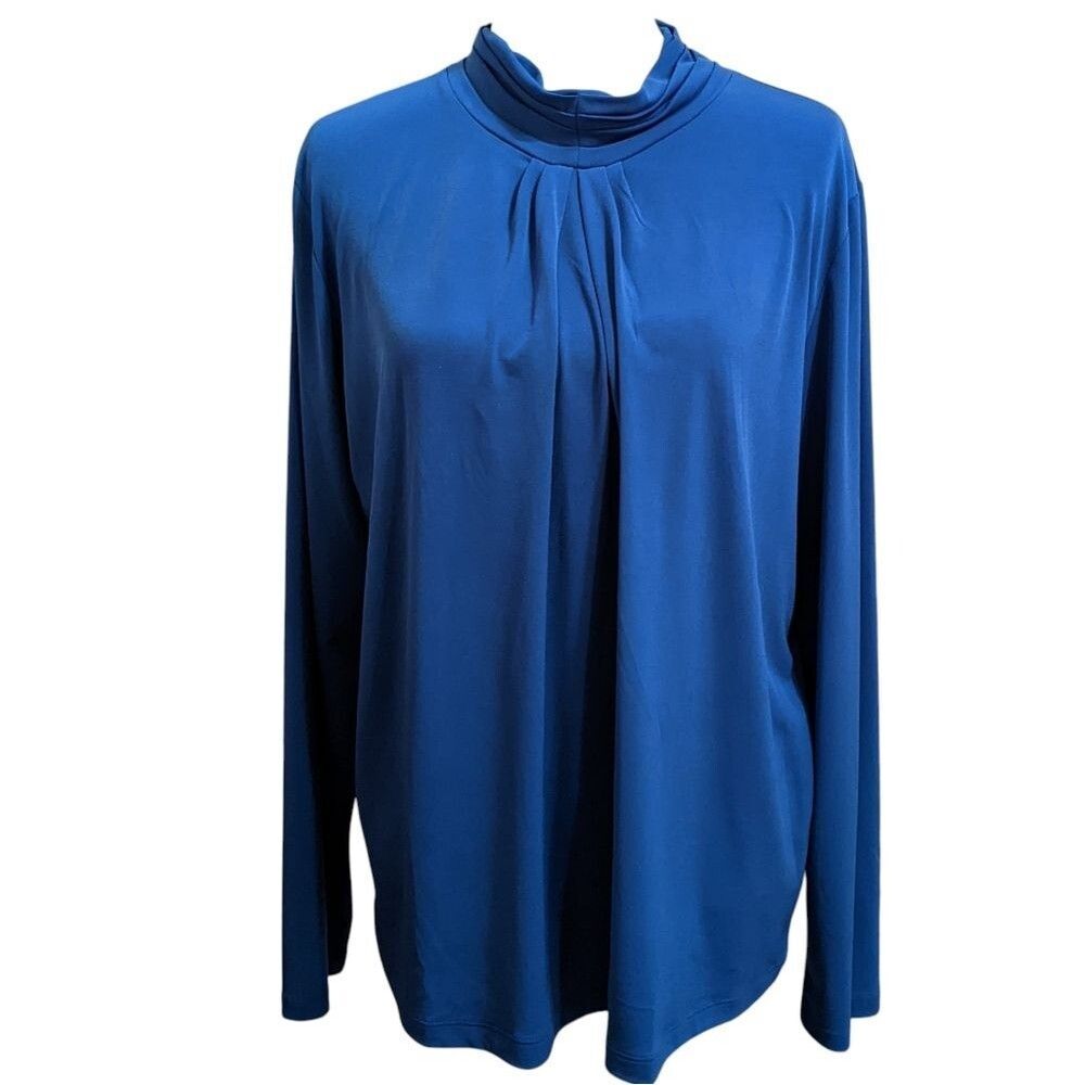 SUSAN GRAVER Vintage Dressy Cobalt Blue Women Blouse Top Stand Up Collar Large